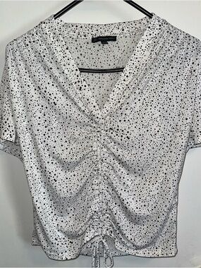 Adrianna Papell White Top with Black Dot Print and Ruched Tie